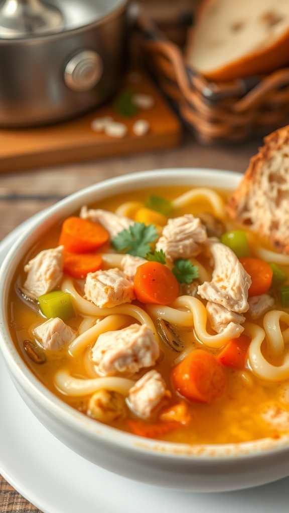 A bowl of chicken noodle soup with chicken, noodles, and vegetables, garnished with parsley, on a rustic table.